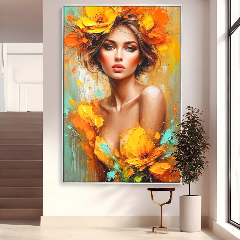 Tablou canvas cu pictura portret femeie cu flori galbene, in rama de aluminiu argintiu